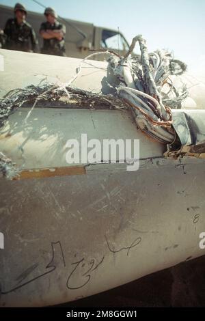 A view of wiring on the side of a Scud missile shot down by an MIM-104 Patriot tactical air defense missile outside of Riyadh during Operation Desert Storm. Subject Operation/Series: DESERT STORM Country: Saudi Arabia (SAU) Stock Photo