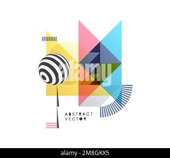 Ñomposition with striped sphere and various transparent geometric shapes. Optical art illustration. Geometrical background. Cover design template for Stock Vector