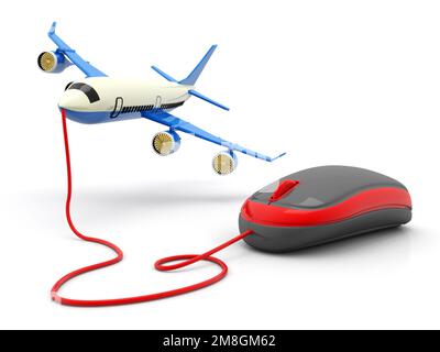 Online booking flight or travel concept. Computer mouse and airplane. 3d Render Stock Photo