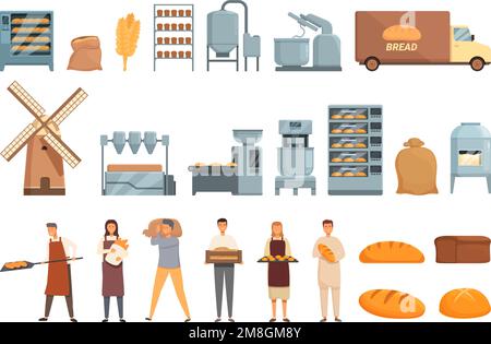 Bread production icons set cartoon vector. Bread factory. Bakery food Stock Vector