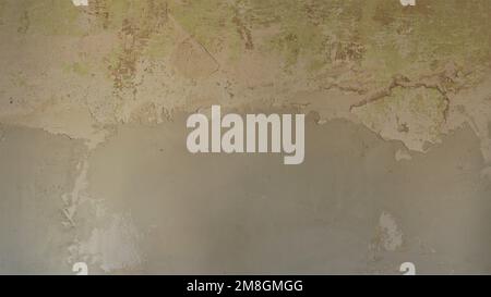 empty texture wall with peeled off remnants of green paint plastered from below with fresh putty as a surface in the process of repair Stock Photo