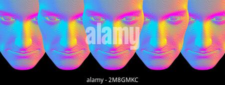 Voxelized face. Concept of mistical mask or face. Technology and robotics concept. 3D vector illustration of multiple cloned humans. Design for presen Stock Vector