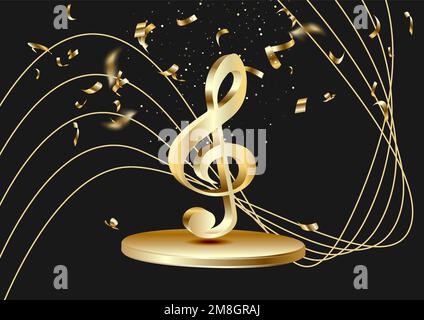 Gold musical notes staff background on black. Stock Vector
