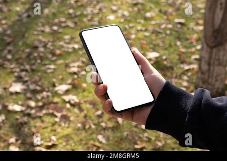 Close up woman holding smartphone with blank mock up screen. Mobile software app, video call, playing game, shopping online concept idea, copy space. Stock Photo