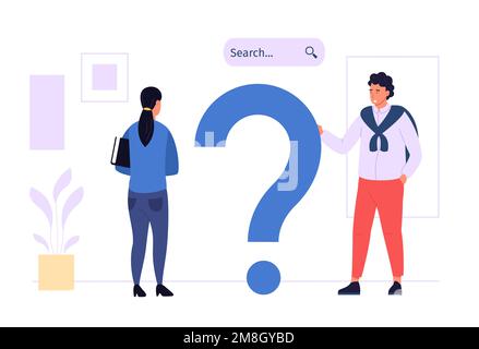 Online question answers search. Male and female characters looking for solution in internet, solving problems Stock Vector