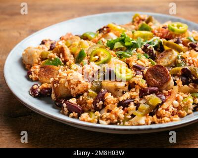 Plate with a cauliflower rice Jambalaya with vegan sausages. Stock Photo