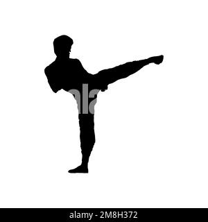 Karate player icon. Simple style karate lessons course poster background symbol. Karate brand logo design element. Karate player t-shirt printing. Vec Stock Vector