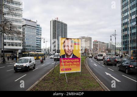 13.01.2023, Berlin, Germany, Europe - Billboard with election campaign poster of Free Democratic Party FDP featuring lead candidate Sebastian Czaja.