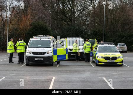 Hull, UK. 14th Jan, 2023. Police gather in the car park ahead of the Sky Bet Championship match Hull City vs Huddersfield Town at MKM Stadium, Hull, United Kingdom, 14th January 2023 (Photo by Mark Cosgrove/News Images) in Hull, United Kingdom on 1/14/2023. (Photo by Mark Cosgrove/News Images/Sipa USA) Credit: Sipa USA/Alamy Live News Stock Photo