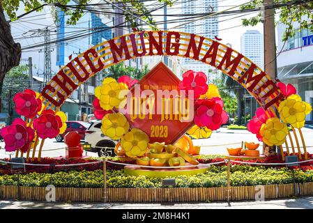 Nha Trang, Vietnam - 13 January 2023: decoration and flowers for Tet Lunar New Year Stock Photo