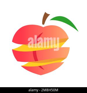 Peeled colorful peach with a stem and a leaf. Carving fruit. Nectarine peach. Healthy diet concept. Organic fruit icon symbol. Slices of peach. Vector Stock Vector