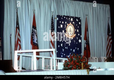 Armed Forces Inaugural Committee behind the scenes. The Convention Center ballroom background and stage. Base: Washington State: District Of Columbia (DC) Country: United States Of America (USA) Stock Photo