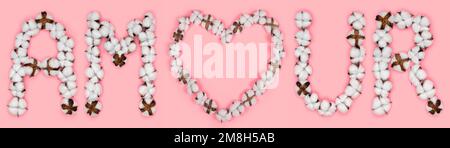 Word amour from french language means love, made of cotton flowers. Concept of organic candid true love. Letter made in shape of heart of cotton bud. Stock Photo