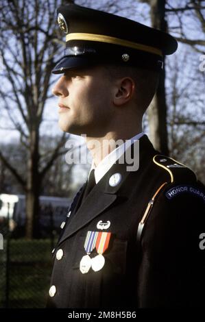 A US Army soldier from the Fort Meyer Old Guard stands fast as they fire a 21 gun salute to the newly sworn in President William J. Clinton. Base: Washington State: District Of Columbia (DC) Country: United States Of America (USA) Stock Photo