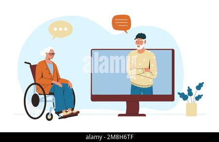 Grandfather and grandmother with gadget. Senior man and woman communicating online. Male character talking from computer Stock Vector