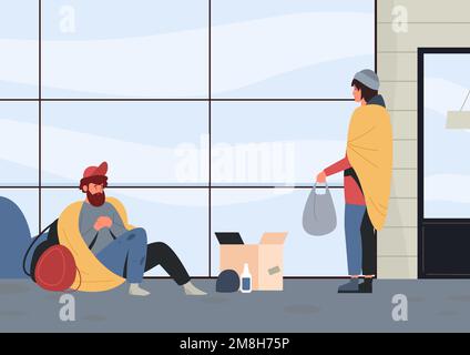 Homeless people outdoor. Poor man sitting on street and begging money and food. Person in ragged clothing bringing package Stock Vector