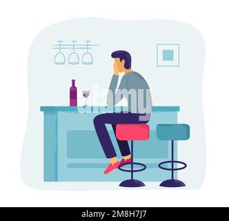 Loneliness feelings. Male character sitting at table in kitchen with bottle of wine and glass. Man in depression Stock Vector