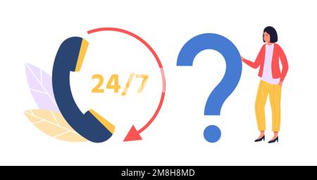 Online assistant. Customer service support. Woman standing with big question mark. Consulting or helping clients Stock Vector