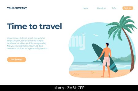 Travel concept. Male character standing on beach and holding surfboard. Man on vacation practicing extreme sport vector Stock Vector