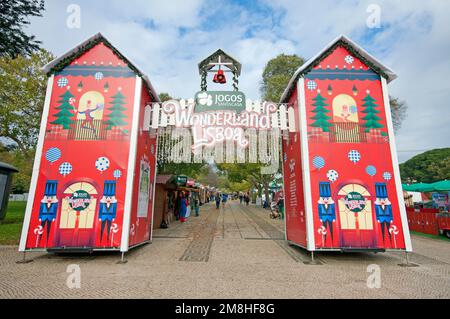 Wonderland Christmas market in Eduardo VII Park, Lisbon, Portugal Stock Photo