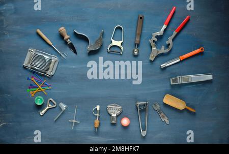 various vintage kitchen utensils, appliances, cooking tools, flat lay with free copy space Stock Photo