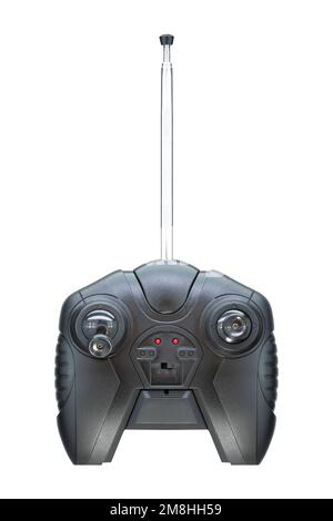 Radio controller for car, drone, helicopter, airplane, other devices and toys. Remote control on isolated white background. Stock Photo