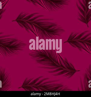 A chic pattern of feathers on a magenta background.mystical theme. Stock Vector