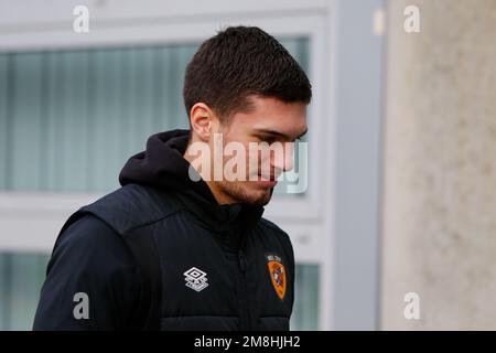 Hull, UK. 14th Jan, 2023. Xavier Simons #35 of Hull City arrives for the Sky Bet Championship match Hull City vs Huddersfield Town at MKM Stadium, Hull, United Kingdom, 14th January 2023 (Photo by Ben Early/News Images) in Hull, United Kingdom on 1/14/2023. (Photo by Ben Early/News Images/Sipa USA) Credit: Sipa USA/Alamy Live News Stock Photo