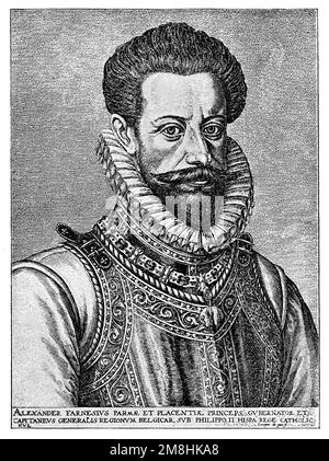 Alessandro Farnese (1545-1592), duke of Parma and Piacenza, man of government and military in the service of Spain, engraved by Crispin de Passe, , Crispin de Passe (history book, 1899), Alessandro Farnese (1545-1592), Herzog von Parma, Feldherr und Diplomat, gestochen von Crispin de Passe, Alessandro Farnese (1545-1592), duc de Parme et Plaisance, homme de gouvernement et militaire au service de l'Espagne, gravé par Crispin de Passe Stock Photo