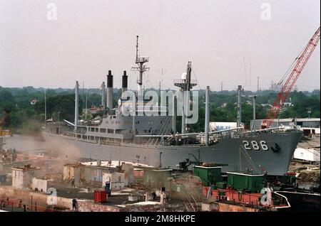 A starboard bow view of the Military Sealift Command cargo ship USNS VEGA (T-AK-286) during routine overhaul at the Virginia Dry Dock Corporation shipyard on the Elizabeth River. Base: Norfolk State: Virginia (VA) Country: United States Of America (USA) Stock Photo
