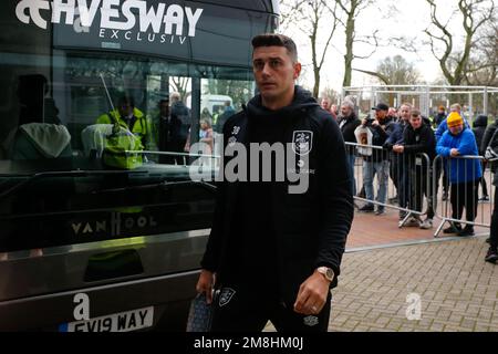 Hull, UK. 14th Jan, 2023. Matthew Lowton #38 of Huddersfield Town arrives for the Sky Bet Championship match Hull City vs Huddersfield Town at MKM Stadium, Hull, United Kingdom, 14th January 2023 (Photo by Ben Early/News Images) in Hull, United Kingdom on 1/14/2023. (Photo by Ben Early/News Images/Sipa USA) Credit: Sipa USA/Alamy Live News Stock Photo