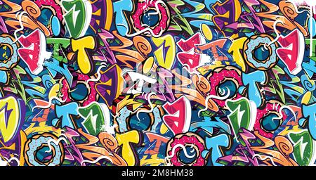 Colorful Graffiti Wall Art Background Street Art Hip-Hop Urban Vector Illustration Background. Seamless amazing graffiti art background Stock Vector
