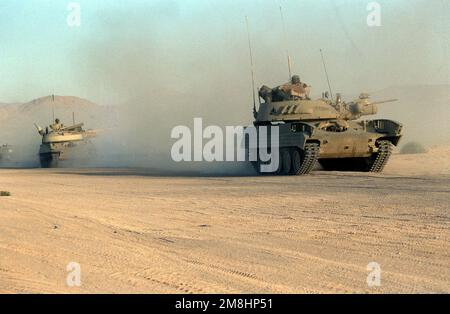 A Sheridan tank, visually modified to resemble an amphibious infantry combat vehicle (BMP), in a battle exercise accomplish by 177th Armored Brigade at the National Training Center. Base: Fort Irwin State: California (CA) Country: United States Of America (USA) Stock Photo