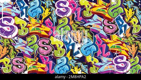 Colorful Graffiti Wall Art Background Street Art Hip-Hop Urban Vector Illustration Background. Seamless amazing graffiti art background Stock Vector