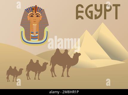 Camel caravan near the Egyptian pyramids landscape. Great pyramids of Egypt in the desert on a background. Dry desert under the sun Stock Vector