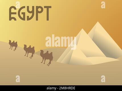 Camel caravan near the Egyptian pyramids landscape. Great pyramids of Egypt in the desert on a background. Dry desert under the sun Stock Vector