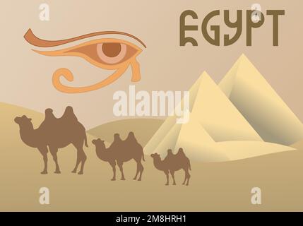 Camel caravan near the Egyptian pyramids landscape. Great pyramids of Egypt in the desert on a background. Dry desert under the sun Stock Vector