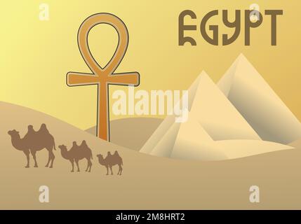 Camel caravan near the Egyptian pyramids landscape. Great pyramids of Egypt in the desert on a background. Dry desert under the sun Stock Vector