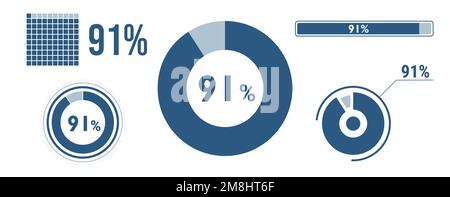 91 percent loading data icon set. Ninety-one circle diagram, pie donut chart, progress bar. 91% percentage infographic. Vector concept collection, blu Stock Vector