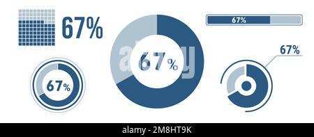 67 percent loading data icon set. Sixty-seven circle diagram, pie donut chart, progress bar. 67% percentage infographic. Vector concept collection, bl Stock Vector