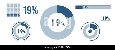19 percent loading data icon set. Nineteen circle diagram, pie donut chart, progress bar. 19% percentage infographic. Vector concept collection, blue Stock Vector