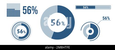 56 percent loading data icon set. Fifty-six circle diagram, pie donut chart, progress bar. 56% percentage infographic. Vector concept collection, blue Stock Vector
