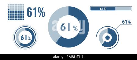 61 percent loading data icon set. Sixty-one circle diagram, pie donut chart, progress bar. 61% percentage infographic. Vector concept collection, blue Stock Vector