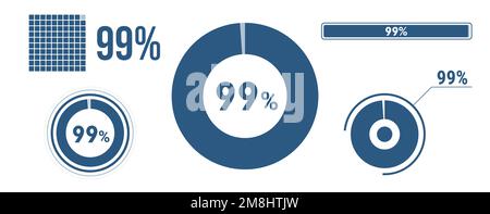 99 percent loading data icon set. Ninety-nine circle diagram, pie donut chart, progress bar. 99% percentage infographic. Vector concept collection, bl Stock Vector