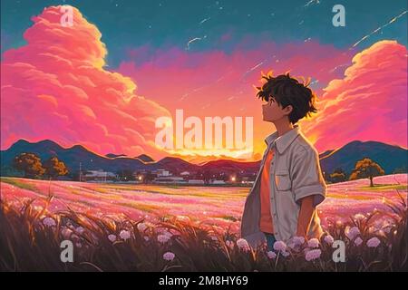 an anime man standing in a big field, wind is blowing, thinking about life  Stock Photo - Alamy