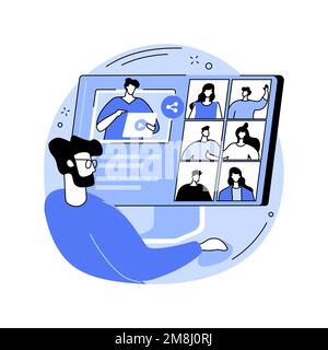 Share videos isolated cartoon vector illustrations. Group of people sharing video via online teaching app, virtual classrooms, video conferencing, dat Stock Vector