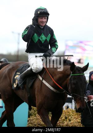 Stan Sheppard celebrates winning The Wigley Group Classic Handicap Chase on Iwildoit during the Wigley Group Classic Chase Day at Warwick Racecourse. Picture date: Saturday January 14, 2023. Stock Photo