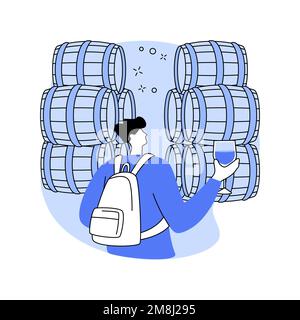 Visit cellars isolated cartoon vector illustrations. Young smiling man at cellar with barrels of wine, traveling time, wine concept tour, storage room Stock Vector