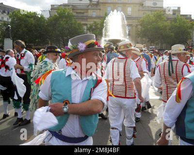 A troop of Morris Dancers, performing in May 2011, on a special Westminster Day of Dance in Trafalgar Square, organised by the Westminster Morris Men. Stock Photo