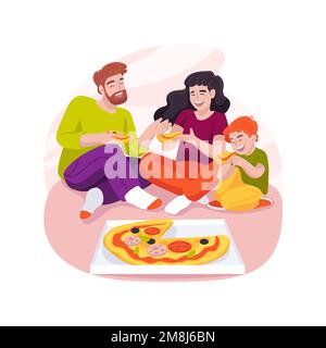 Yummy pizza isolated cartoon vector illustration. Family traditional cooking, prepare food at home, eating together, child holding yummy slice with st Stock Vector